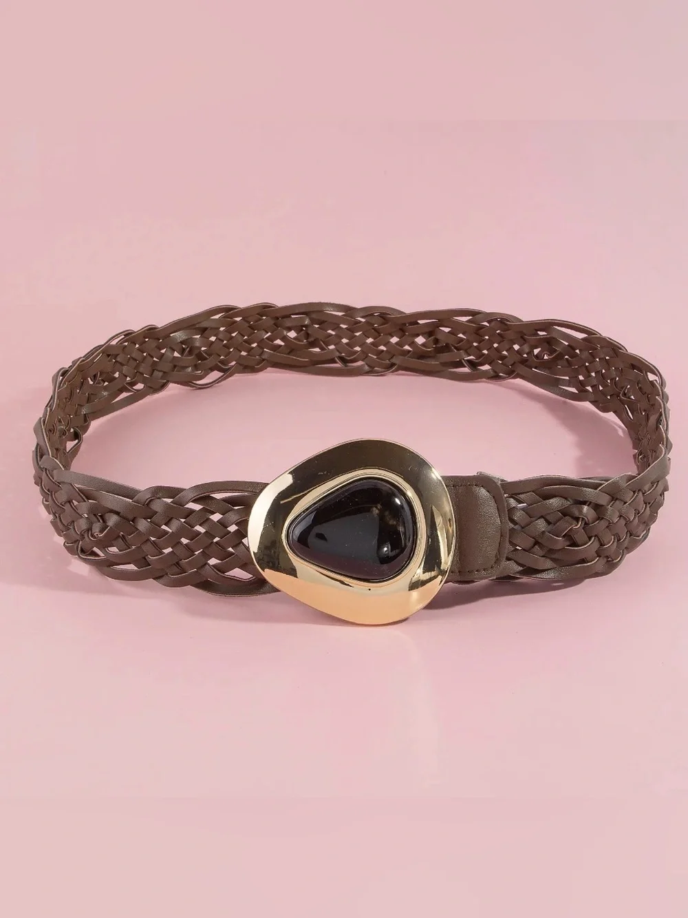 BEAUTIFUL WESTERN WOVEN LEATHER BELT IN BROWN WITH AMBER AND GOLD BUCKLE